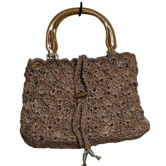 Handbags - Crocheted Woven Straw/Raffia Handbag with Bamboo-Style Handles